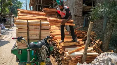 কোদালের হাতল তৈরির কারখানায় কাঠের কাজ চলছে